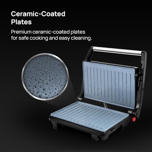 Wipro Elato BS202 1000 Watt Ceramic Grill Sandwich Maker, Scratch Resistant, 180° Open Sandwich Griller, Auto Cutoff, Non Toxic BPA, PTFE & PFOA Free, 2 Year Warranty, Regular Bread Size for 2 Slices