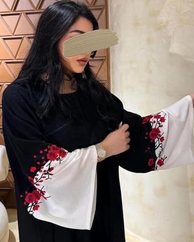Women's Black Embroidered Burqa, Floral Design free size suitable up to 65kg body weight