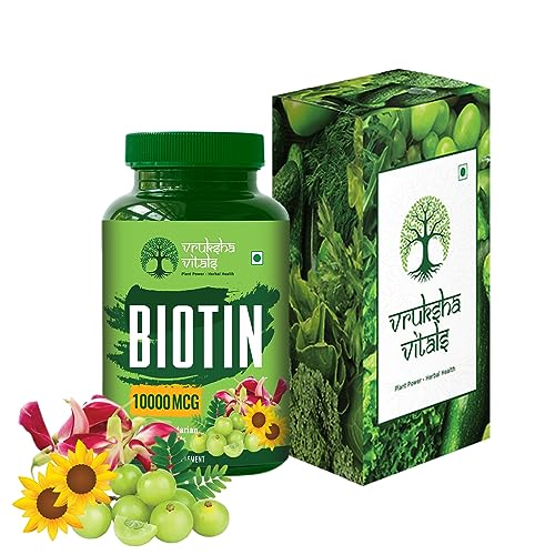 Vruksha Vitals Biotin 10000 mcg per tablet (from Sesbania Grandiflora) tablets - Biotin 10000mcg for Hair Growth, Nails and Skin