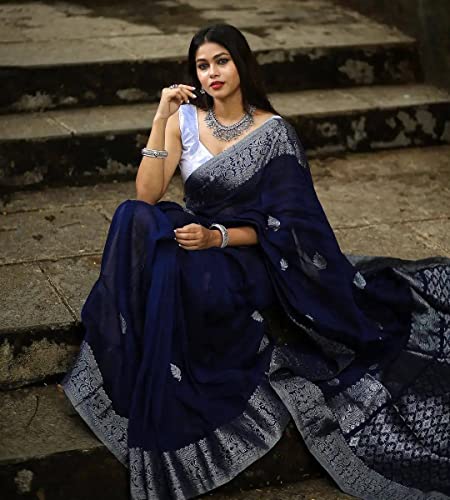 Women's Navy Silk Saree Indian And Pakistani Festival Sari With Blouse Material (NES8194 Navy 3)