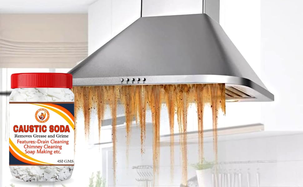 RICH FOXยฎ Caustic Soda for Soap Making, Drain Cleaning, Chimney Cleaningโ Fast-Acting Formula to Clear Blockages Instantly โ Best Chimney & Drain Cleaner Flakes and Soap Making Flakes- 450 Grams