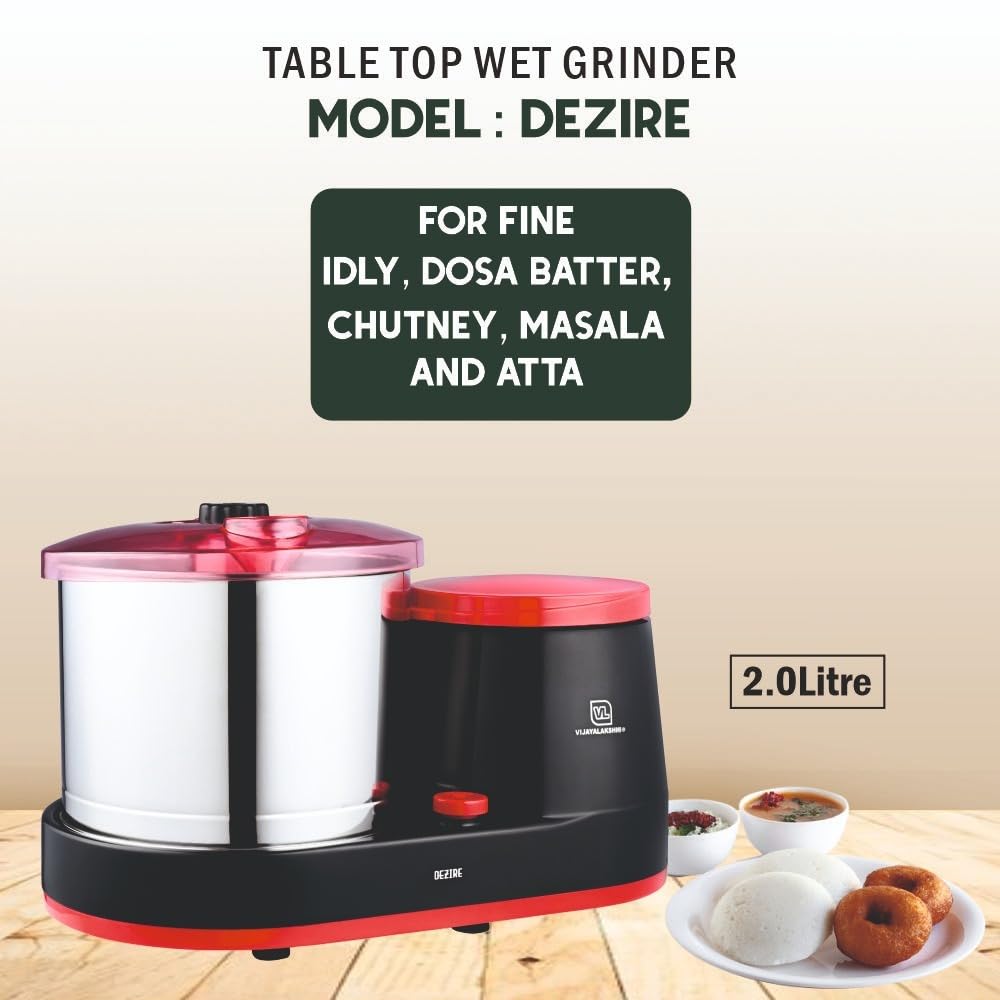 VIJAYALAKSHMI | Dezire 2 Litre | Heavy ABS Body Wet Grinder, 2L (Black & Red) | with Coconut Scrapper & Atta Kneader Attachment.