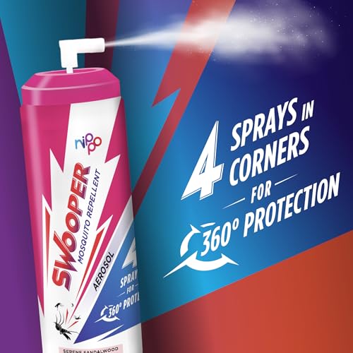 Nippo Swooper Aerosol | Instant Mosquito Repellent Spray| 4 Sprays- 360 Degree Mosquito Protection |Serene Sandalwood Fragrance | Pack of 2-32g(50ml) Each