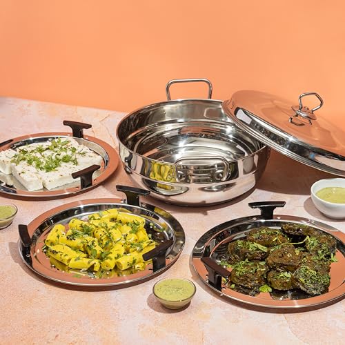 Vinod Stainless Steel 6 pcs Multi Kadai with Stainless Steel Lid, 2 Idli Plates, 2 Dhokla Plates and 1 Patra Plate - Silver (Induction and Gas Stove Friendly), 2 Years Warranty