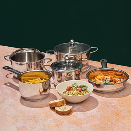 Vinod Stainless Steel Induction Friendly Tuscany Set 5 Pieces - Saucepan (14 cm/1.3 Litre), 3 Cassseroles (14 cm,16 cm & 18 cm/1.3,2 & 2.8 Litre), Frypan (18 cm) & 3 Glass Lids