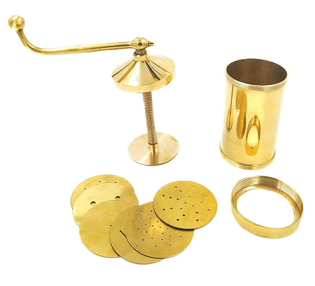Whizzo Pure Brass 450gm Sev Sancha Machine with Free 6 Different Jali for Making Different Types of Sevaiya, Sev, Gathiya Murukku, Chakli, Bhujia Etc
