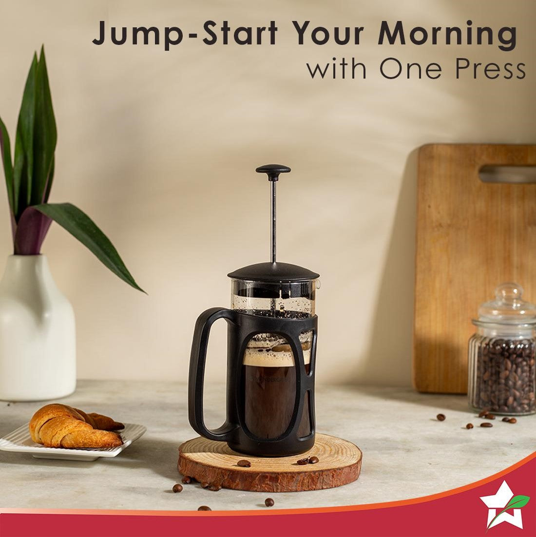 Wonderchef Renewed French Press Coffee & Tea Maker 600 ml | Premium Heat Resistant Borosilicate Glass Carafe in SS Housing | 4 Level Filtration System | SS Plunger with Mesh | 3-4 Cups of Coffee | Brews in Just 3 Minutes | Black | 1 Year Warranty