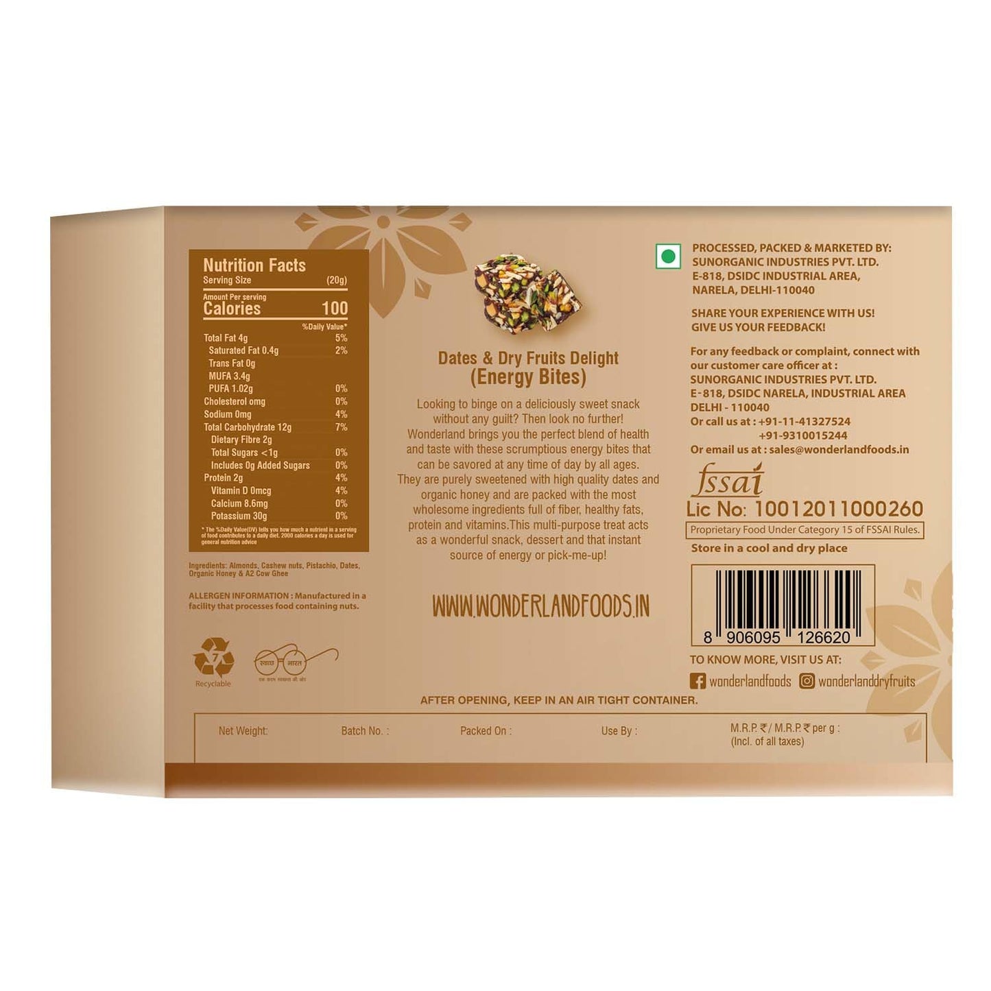 Wonderland Foods 350g Premium Dates And Dry Fruits Delight Box | Dry Fruits And Dates Bites | Made With Dates, Pistachios, Cashews, Almonds, Honey And Pure Ghee