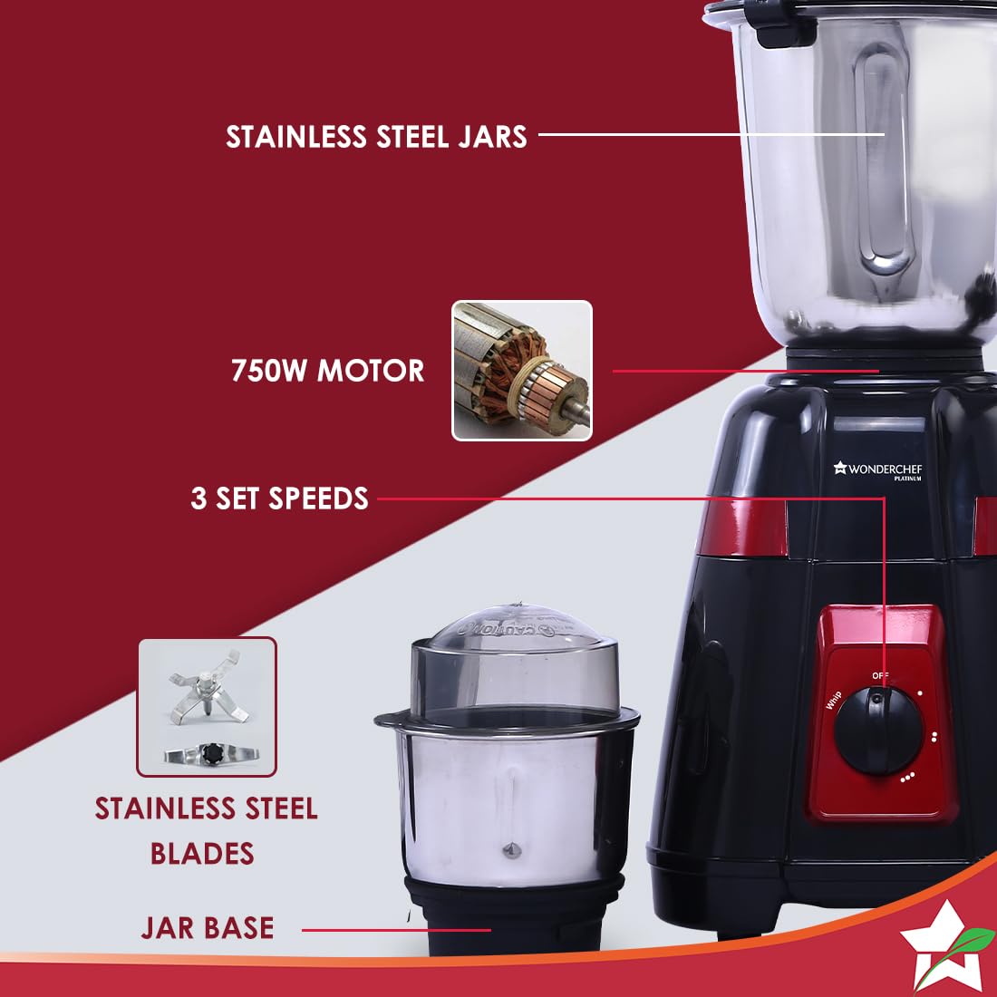 Wonderchef Platinum 750W Mixer Grinder | 4 Stainless Steel Jars with Fruit Filter Jar | Powerful 750W motor | 3-Speed & Pulse Function | Anti Skid Feets | 5 years warranty on motor | Black & Red