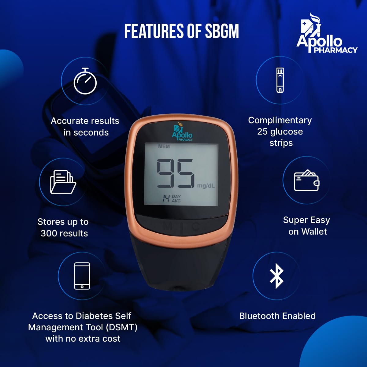 (New Launch) Apollo Smart Glucometer With Complimentary 25 Strips + App, Bluetooth Enabled, Access to Diabetes Self Management Tool with Doctor Chat Assist Plan, Complimentary Apollo Circle membership, Complimentary 100 Health Credits, Lifetime Warranty,