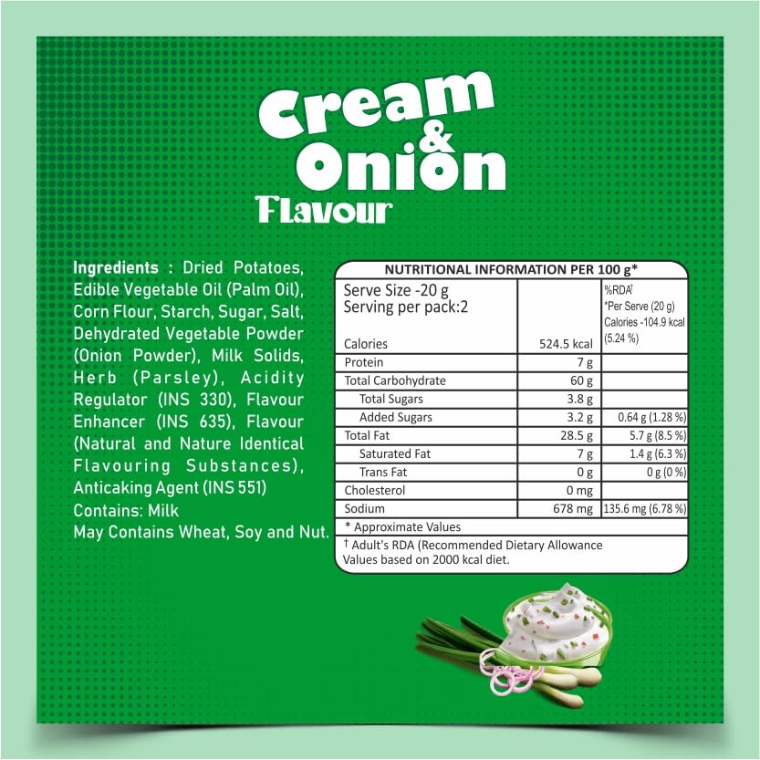 Dibs stacks (Pack of 6, 45 GM Each) Cream N Onion Potato Crisps Chips On the Go Adventure, Crunchy Healthy and Tasty Chips, Snacks Chips