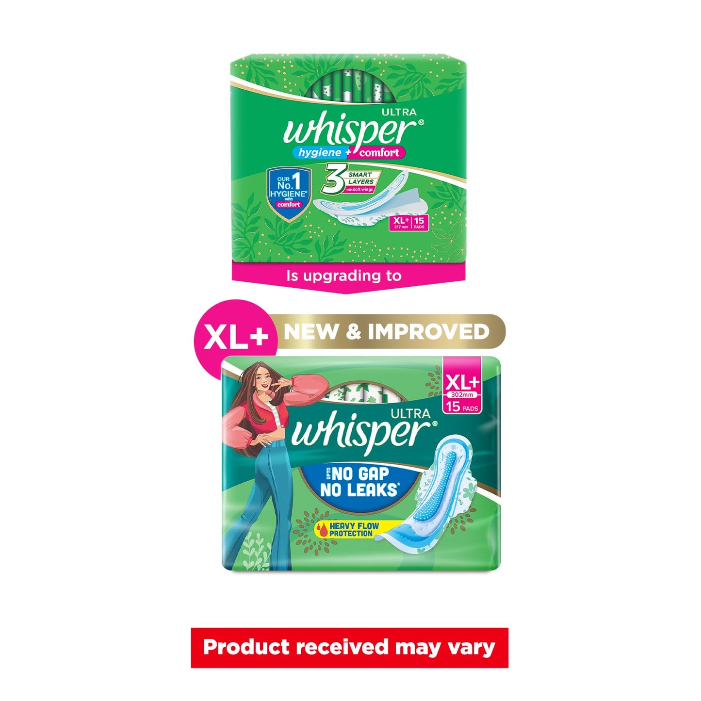WHISPER ULTRA HYGIENE+COMFORT SANITARY PADS, 15 XL+ PADS, FOR HEAVY FLOW, LONG LASTING PROTECTION, LOCKS ODOUR & WETNESS, DRY TOP SHEET, DISPOSABLE WRAPPER