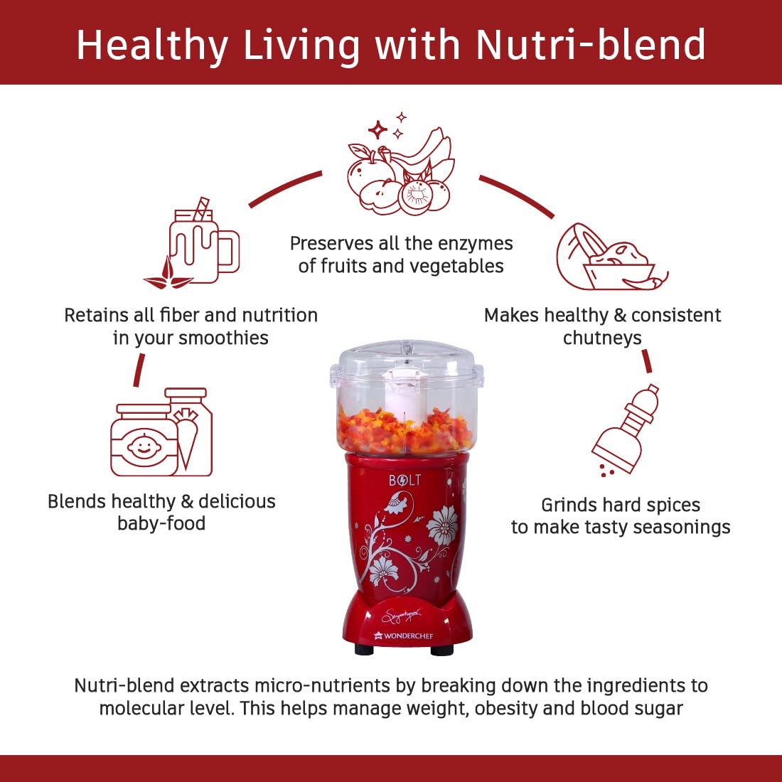 Wonderchef Nutri-blend BOLT CKM|600W Powerful 100% Full Copper Motor|22000 RPM, Blender & Chopper|SS Blades|4 unbreakable jars with Sipper lid|2 Years warranty|Recipe book by Chef Sanjeev Kapoor|Red