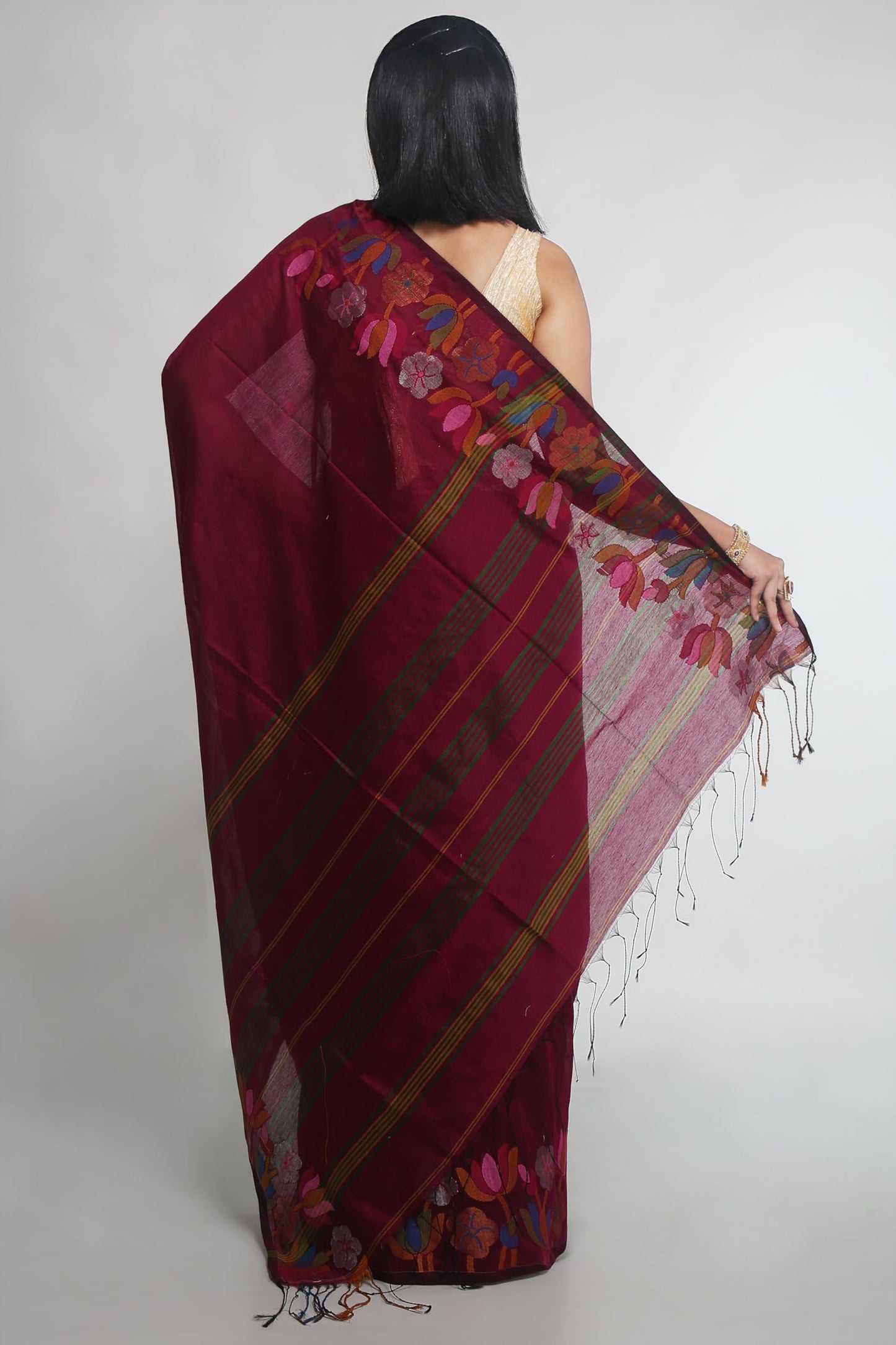 WoodenTant Womens Woven Handloom Cotton Silk Saree In Magenta With Jamdani Lotus Border