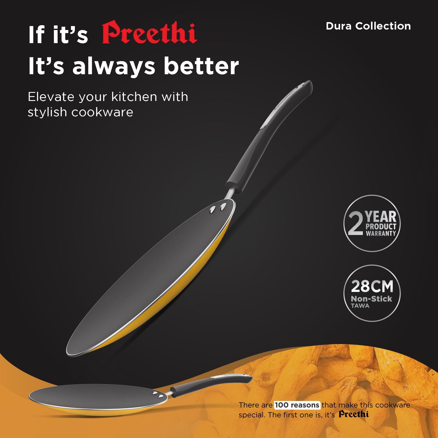 Preethi Dura Collection Non Stick Concave Tawa, 28 cm, Gas & Induction Compatible, 5 Star Non Stick Effect, Turmeric Yellow