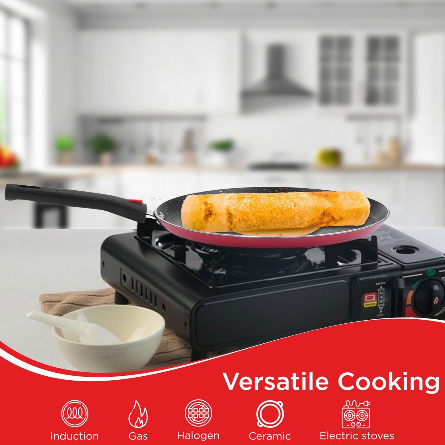 Vinod Popular Aluminium Non Stick Dosa Tawa with Detachable, Removeable Handles - 28 cm / 3 mm Thick/Compact Storage/Toxin Free/Long Lasting/Induction Base - 2 Year Warranty
