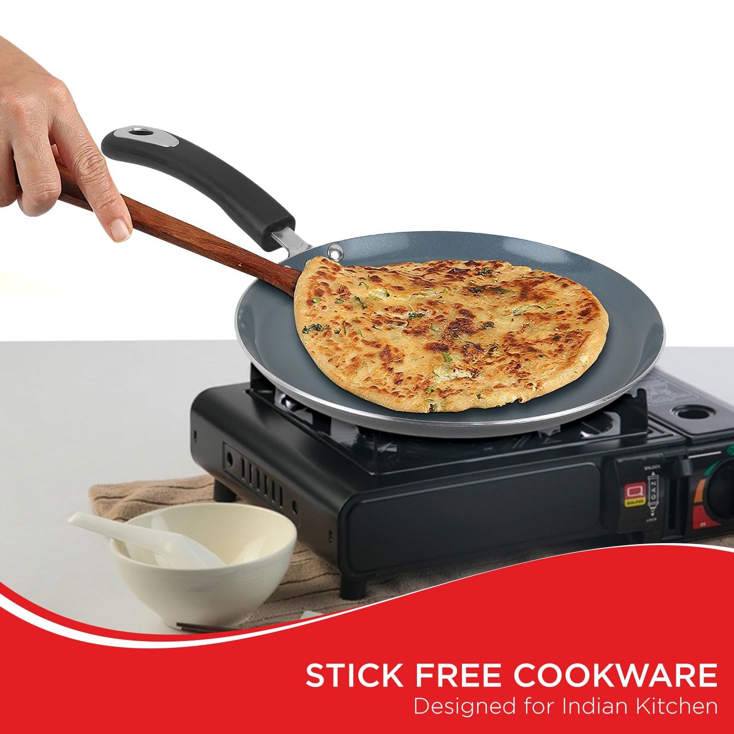 Vinod Zest Ceramica Dosa Tawa - 28 cm | Natural Stick Free Roti Tawa | Stylish Handle | Toxin Free | Induction and Gas Base | Scratch Resistant | 2 Year Warranty - Black