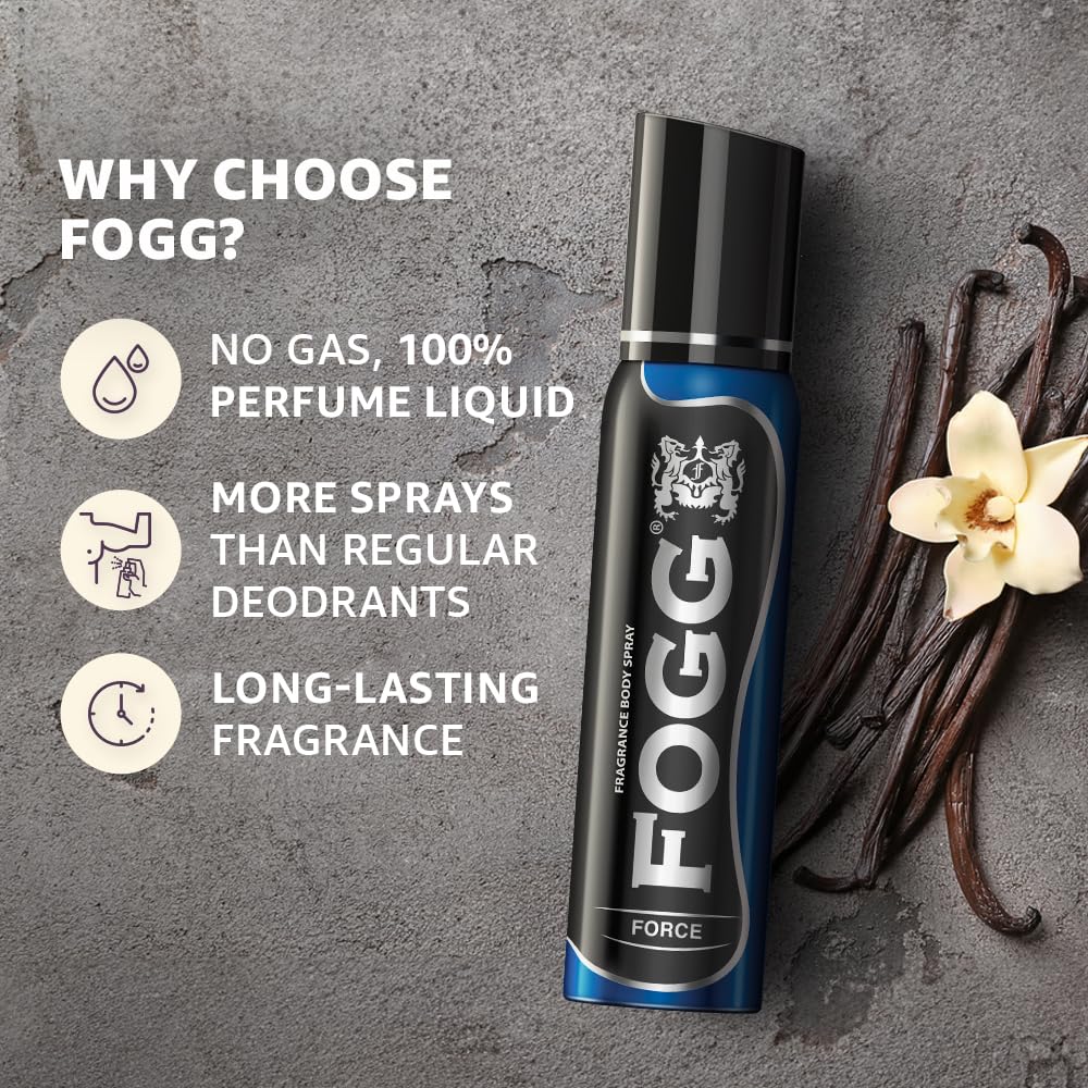 4x Fogg Force No Gas Deodorant for Men, Long-Lasting Perfume Body Spray, 150 ml each - Pack of 4