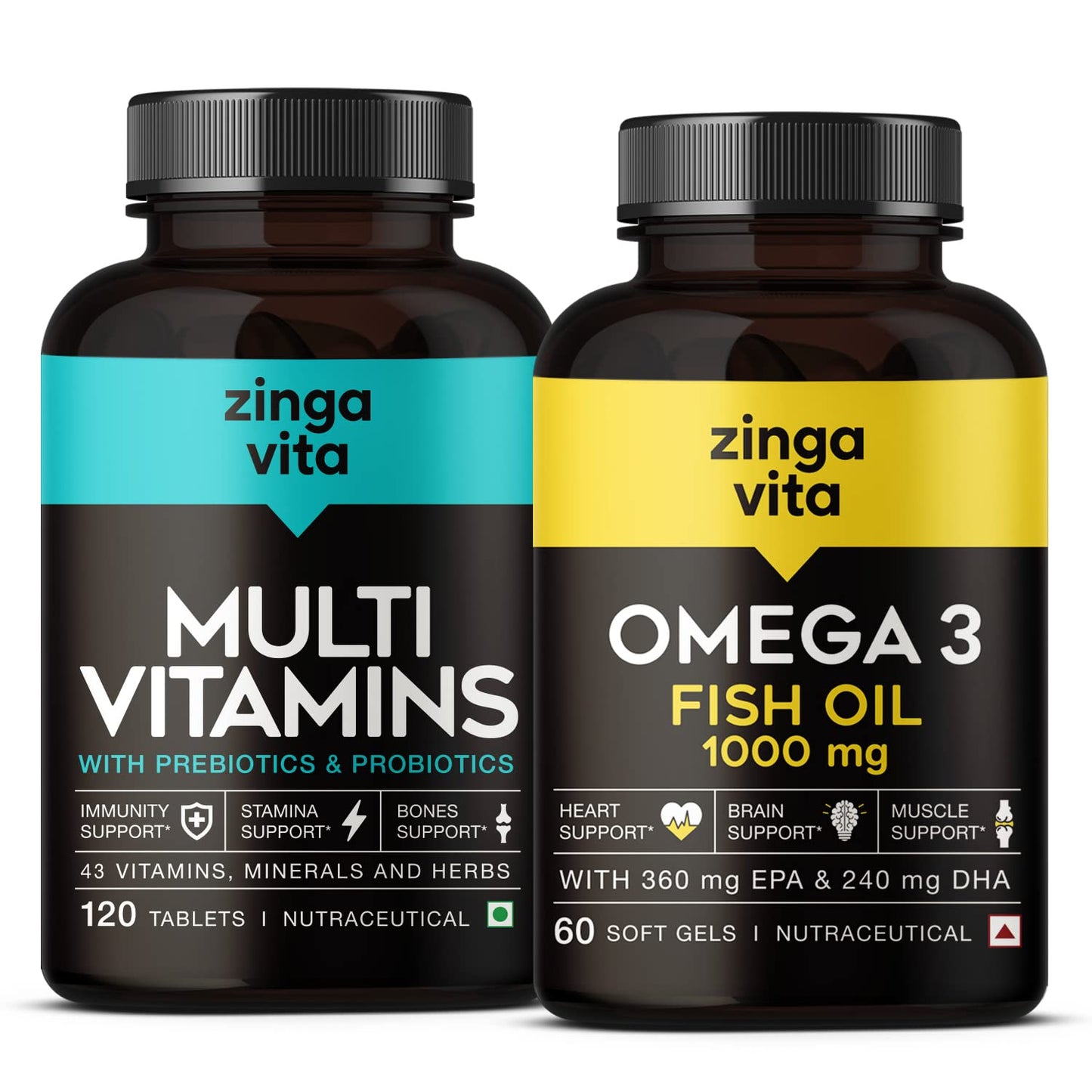 Zingavita Multivitamin and Fish Oil Combo | Multivitamin Tablets with Probiotics & Prebiotics (120 Tablets) + Maximum Strength Omega 3 Fish Oil 1000mg Capsule - 60 Count