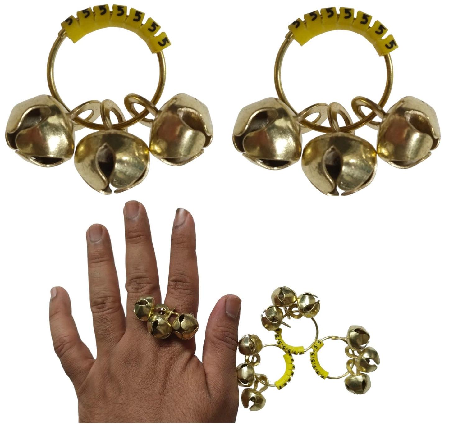 (Big Size, High Sound) Classy Looks Ghungroo Bells Finger Clapping Ring Yellow Kadi (Non Brass) Home Temple Pooja Aarti Bhajan Ganapati Ganesh Navratri Festivals Musical Gifting Goddess Chiming (2)