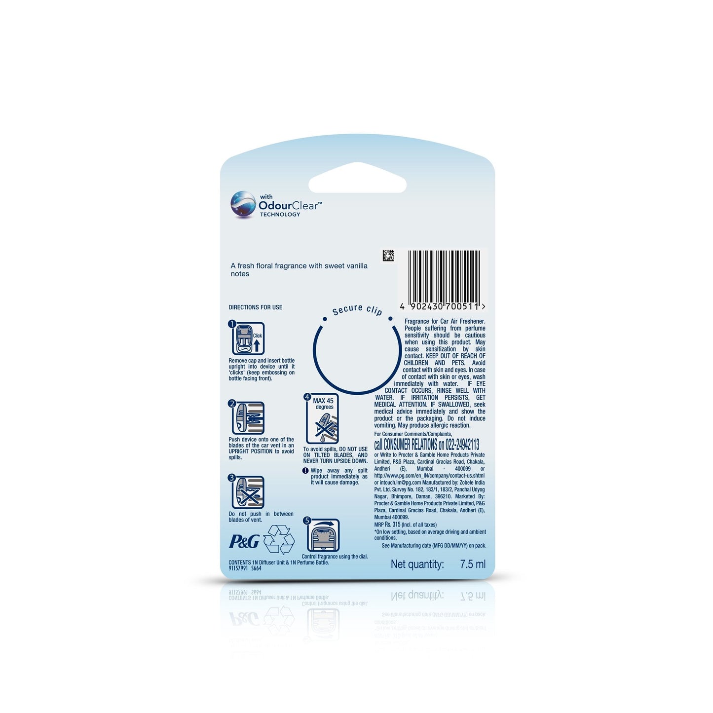 5x Ambi Pur Vanilla Bouquet Car Air Freshener Starter Kit Liquid (7.5ml each) - Pack of 5