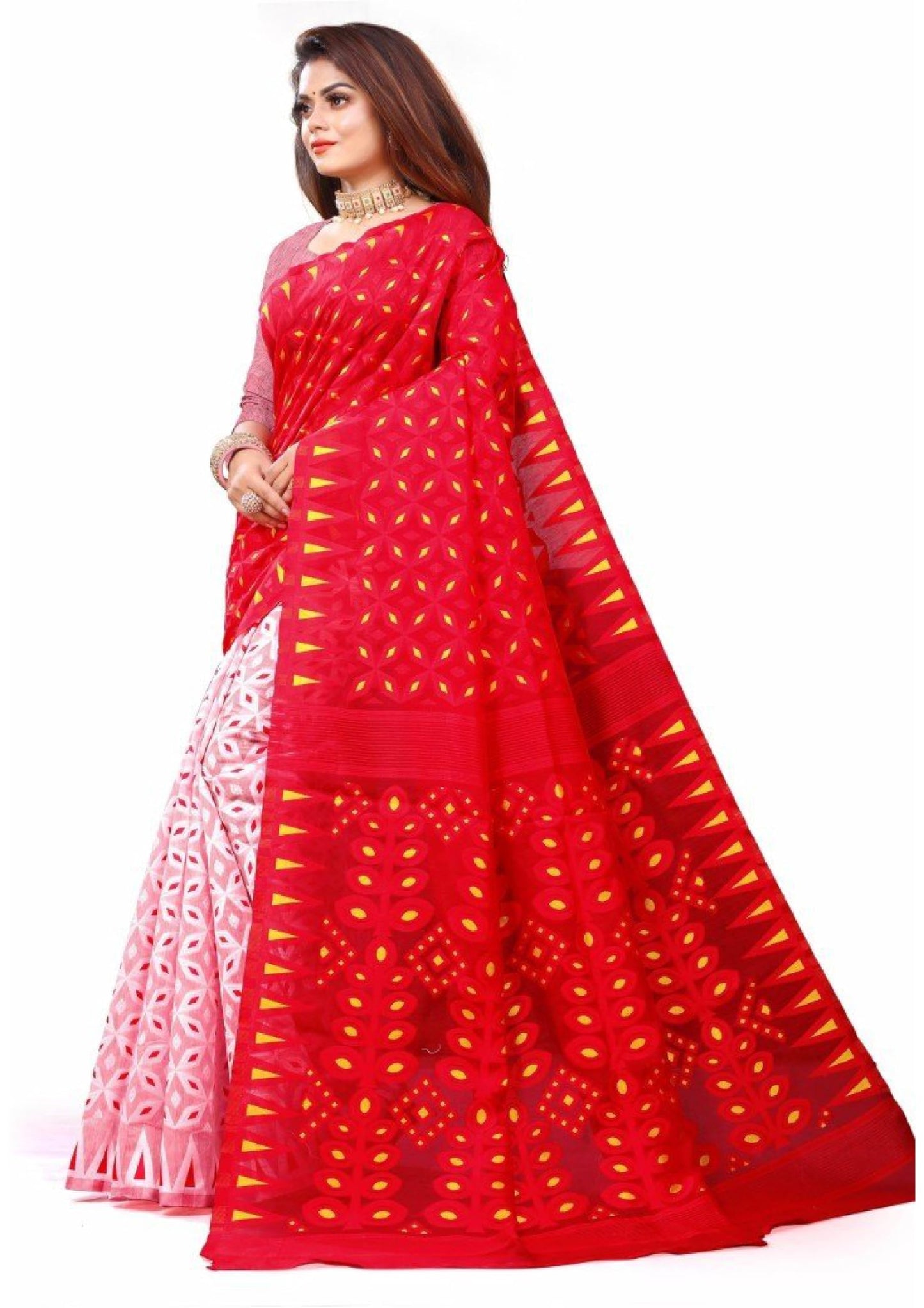 Women`s Bengal Handloom Tant Soft Dhakai Jamdani Cotton Saree Whole Body Design Without Blouse Piece (White Red)
