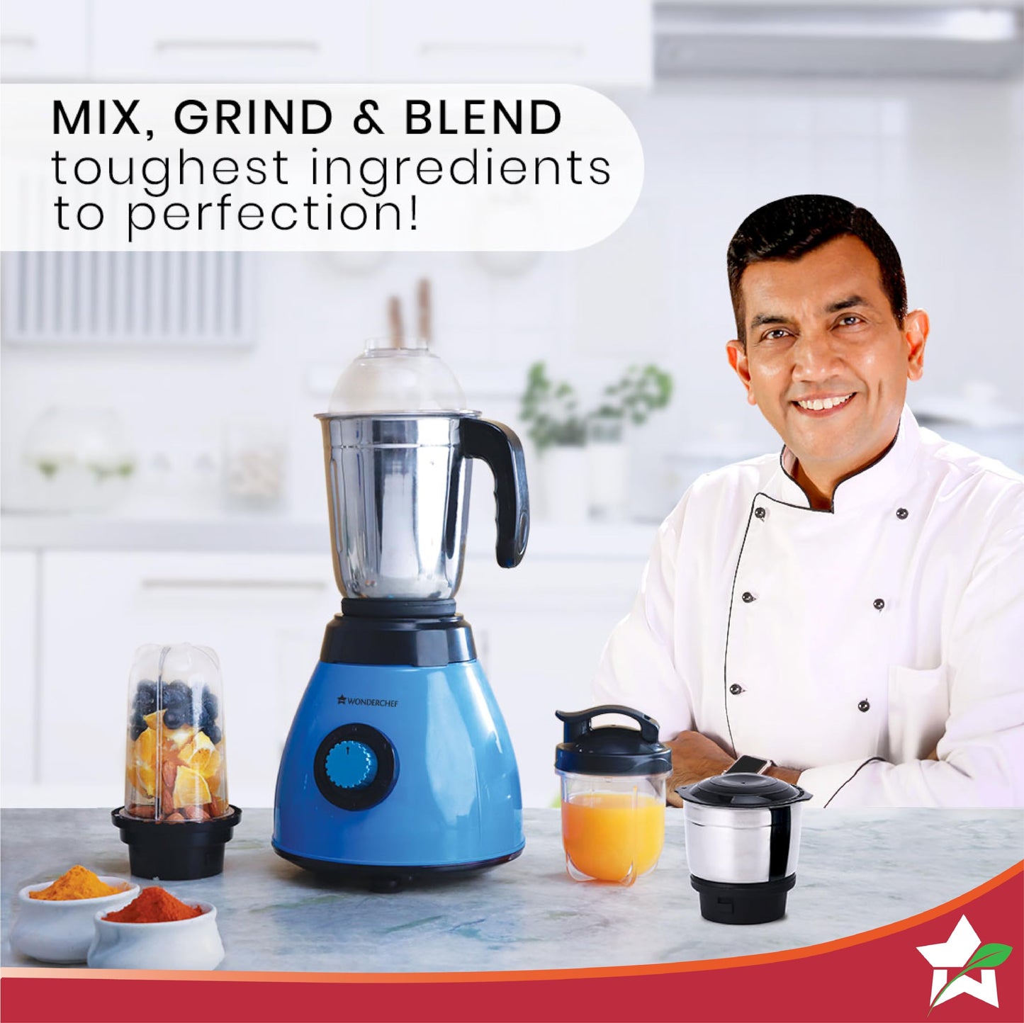 Wonderchef Acura Blender Pro Mixer Grinder 500W, 230V~50Hz, 4 Jars(2 Stainless Steel + 2 Polycarbonate Jars), Black & Blue, 2 Years Warranty by Wonderchef