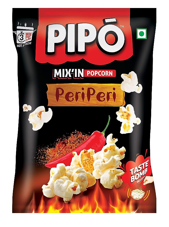 50x PIPO Mix'in Instant Popcorn with Taste Bomb, Peri Peri Pouch, Pack of 50 - 60g each