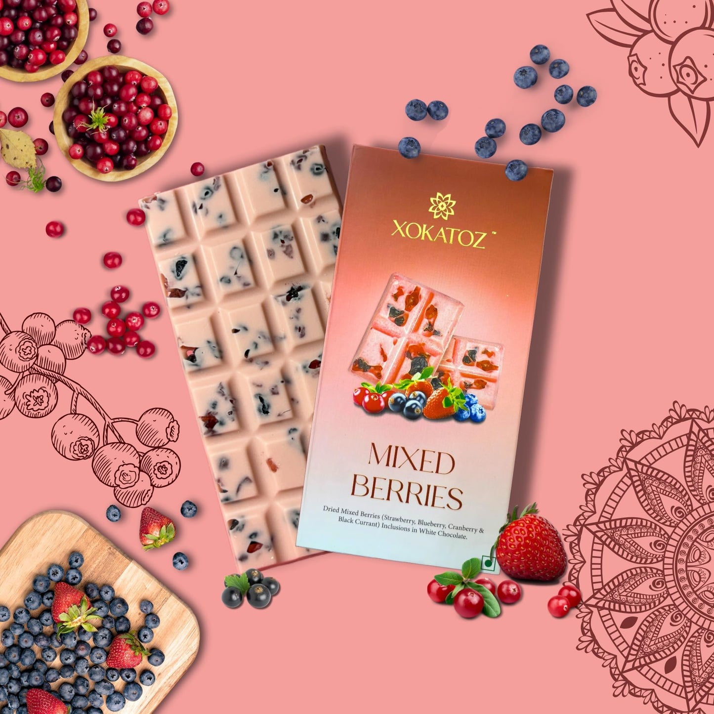 XOKATOZ Exotic Premium Chocolate - 1 Mixed Berries and 1 Kesar Pista Flavours - Flavoured White Chocolate Bars - Gift Set- Pack of 2, 150g (75g x 2)