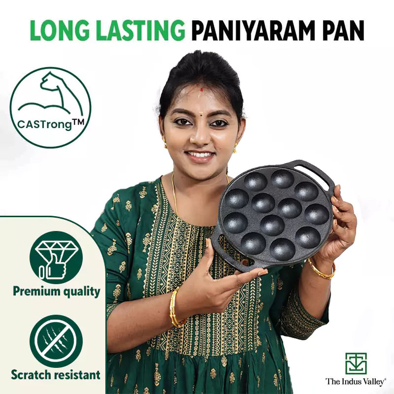12 Pit/Cup CASTrong Cast Iron Paniyaram/Appe Pan, Pre-seasoned, Toxin-free, Free Cool Silicone Grip + Spatula, 21 cm, 2.2 kg