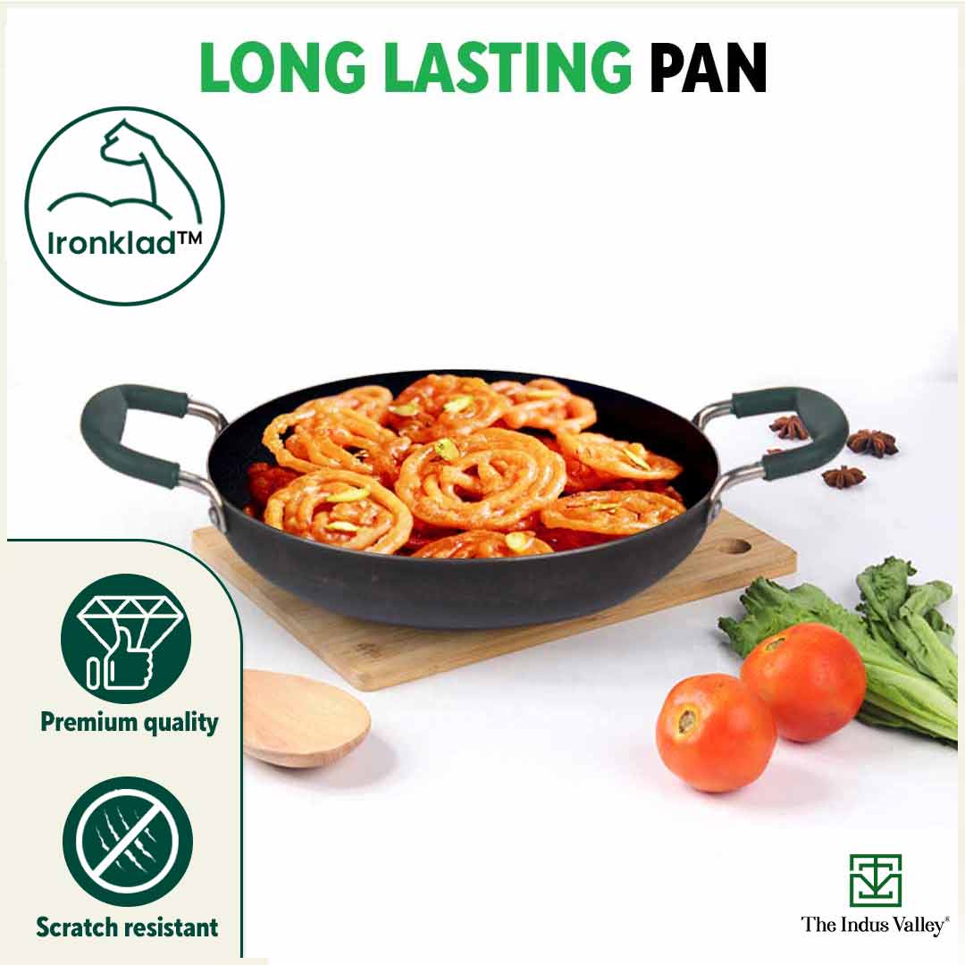 100% Pure Sheet Iron Kadai/ Jalebi/ Paella Pan, Silicone Cool Handles, Seasoned, Toxin-free, Induction, 25.4cm, 1.4L