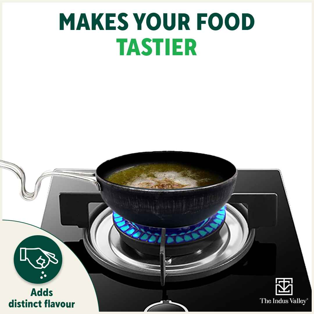 100% Pure Sheet Iron Tadka Pan with Stainless Steel Handle, Pre-seasoned, Toxin-free, Induction