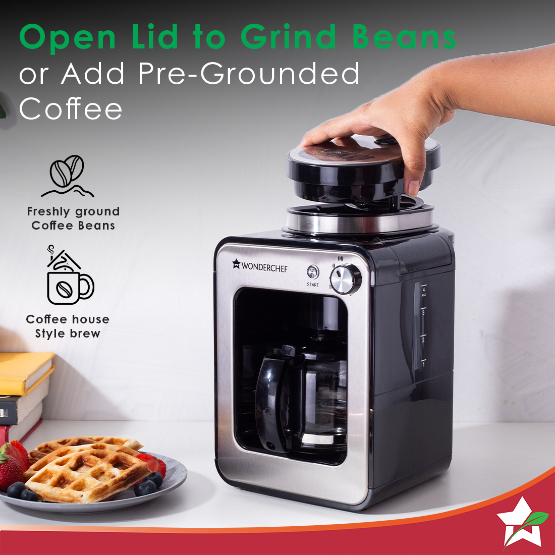 Wonderchef Renewed Regalia Bean-to-Cup Brew Coffee Maker with Grinder |Brews 4 cups | Glass Carafe | Easy Control Dial | Steel | 1 Year Warranty