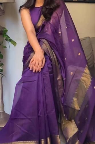 WILLFE Women's Cotton Soft Silk Jamdani Sarees With Attach Unstitched Blouse Piece (Purple)