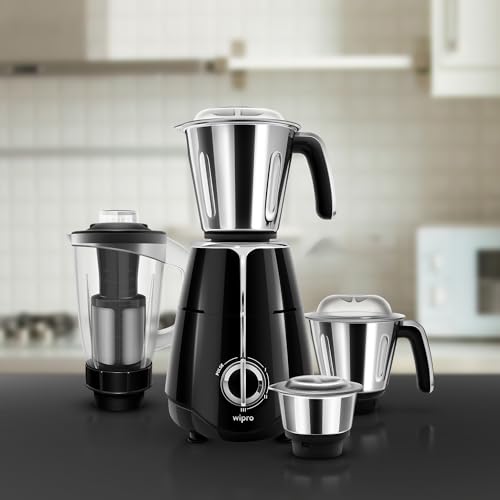 Wipro Elato FMG206 1000 Watt Mixer Grinder with 4 Jars,Heavy Duty 100% Copper Motor,Superfast Grinding,Stone Pounding Blade for Masala, 4 Jars Mixer Grinder 1000 Watt, 5 Years Motor Warranty, Black