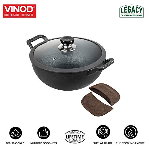 Vinod Legacy Pre-Seasoned Cast Iron Kadai with Lid 4.3 L Capacity (26 cm Diameter) - Induction and Gas Stove Friendly, Black