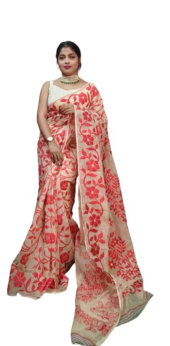 Women's Floral Print Lata Design Jamdani Cotton Silk Saree Without Blouse Piece (Cream)