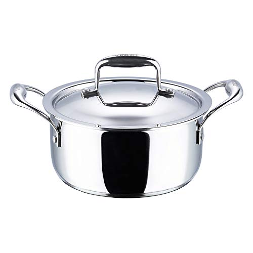 Vinod Platinum Triply Stainless Steel Saucepot with Stainless Steel Lid 3 litres Capacity (20 cm Diameter) with Riveted Handles - Silver (Induction and Gas Stove Friendly)