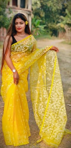 Women's Traditional Bengal Cotton Silk Jamdani Saree Without Blouse Piece (Yellow)