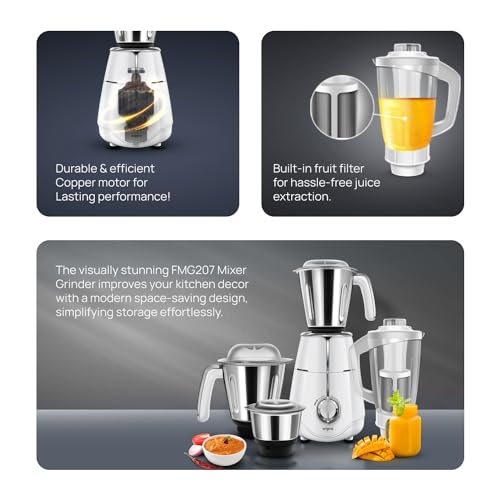 Wipro Elato FMG207 1000 Watt Mixer Grinder with 4 Jars(Wet Grinding Jar (1.5 L) + Dry Grinding Jar (1.2 L) + Chutney Jar (0.5 L) + Juicer (1.2 L)), 100% Copper Motor, 5 Years Motor Warranty,White