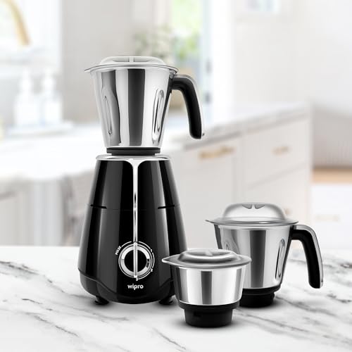 Wipro Elato FMG204 1000 Watt Mixer Grinder with 3 Jars(Wet Grinding Jar (1.5 L) + Dry Grinding Jar (1.2 L) + Chutney Jar (0.5 L)), 100% Copper Motor, 5 Years Motor Warranty, Doorstep Service,Black