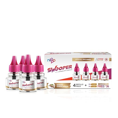 Nippo Swooper Liquid Vaporizer I Mosquito Repellent Pack of 4 (45ml) with 2 AAA Batteries Free I Sandalwood Fragrance I Japanese MFT Formula I Kills Dengue, Malaria & Chikungunya Mosquitoes