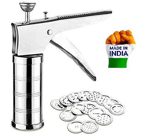 Wazdorf Stainless Steel Kitchen Press with 15 Different Types of Jalies, Murukku Maker/Bhujiya Maker/Noodles/Cookies/Namkeen/Chakali Maker/Sev Maker/Farsan Maker/Gathiya Maker