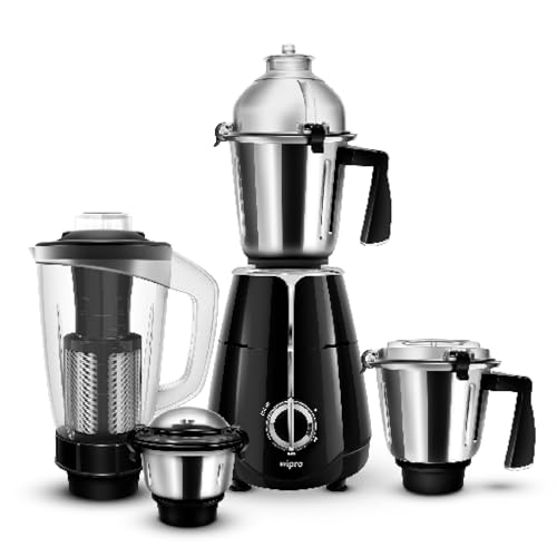 Wipro Elato FMG209 800 Watt Mixer Grinder with 4 Jars,Heavy Duty 100% Copper Ball Bearing Motor with 5 Year Warranty,Superfast Grinding,Clip Lids - Hands Free use, 4 Jars Mixer Grinder 800 Watt,Black