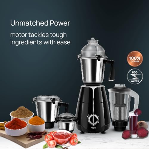 Wipro Elato FMG209 800 Watt Mixer Grinder with 4 Jars,Heavy Duty 100% Copper Ball Bearing Motor with 5 Year Warranty,Superfast Grinding,Clip Lids - Hands Free use, 4 Jars Mixer Grinder 800 Watt,Black