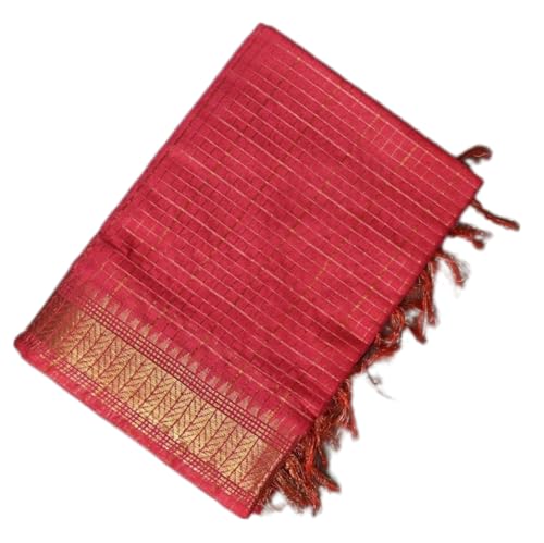 Zafreen Handloom | Women's Checks And Designer Boder Woven Cotton Silk Saree With Running Blouse pieces_Free Size (Pink)