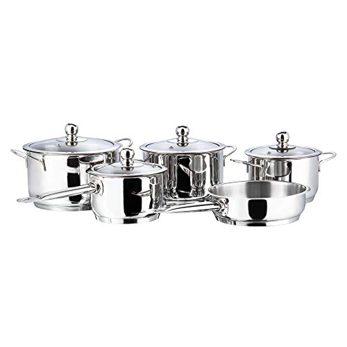 Vinod Stainless Steel Induction Friendly Tuscany Set 5 Pieces - Saucepan (14 cm/1.3 Litre), 3 Cassseroles (14 cm,16 cm & 18 cm/1.3,2 & 2.8 Litre), Frypan (18 cm) & 3 Glass Lids