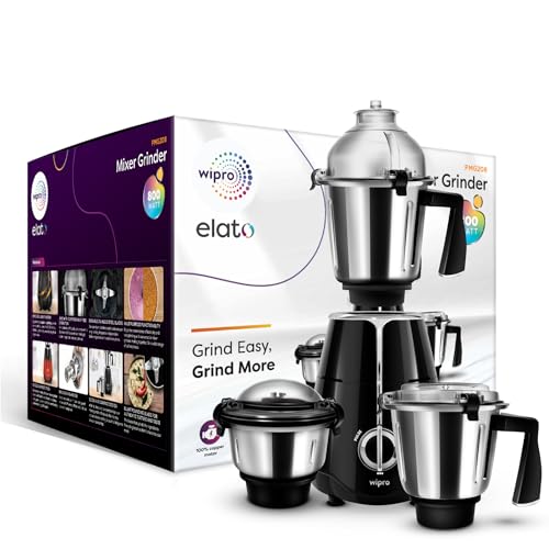 Wipro Elato FMG208 800 Watt Mixer Grinder with 3 Jars,Heavy Duty 100% Copper Ball Bearing Motor with 5 Year Warranty,Superfast Grinding,Clip Lids - Hands Free use, 3 Jars Mixer Grinder 800 Watt,Black