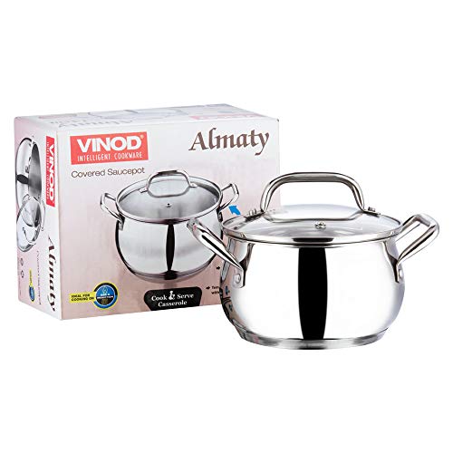 Vinod Stainless Steel Almaty Casserole with Glass Lid - 16 cm with Capacity 2 litres (Induction and Gas Stove Friendly) - 2 Years Warranty, Silver