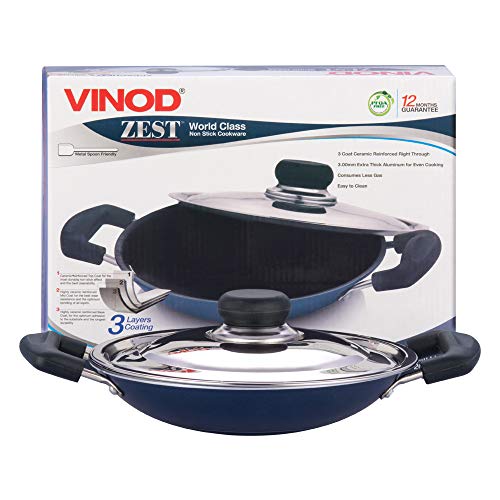 Vinod Zest Non Stick Appachetty with Lid - 20 cm| Appam Pan | 3 mm Extra Thick | 3 Layer Coating | Metal Spoon Friendly | Bakelite Handle | Gas Base | 1 Year Warranty - Blue